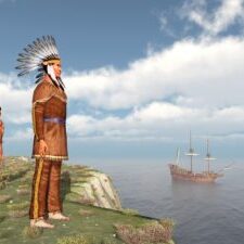 Computer generated 3D illustration with Native Americans and the Mayflower